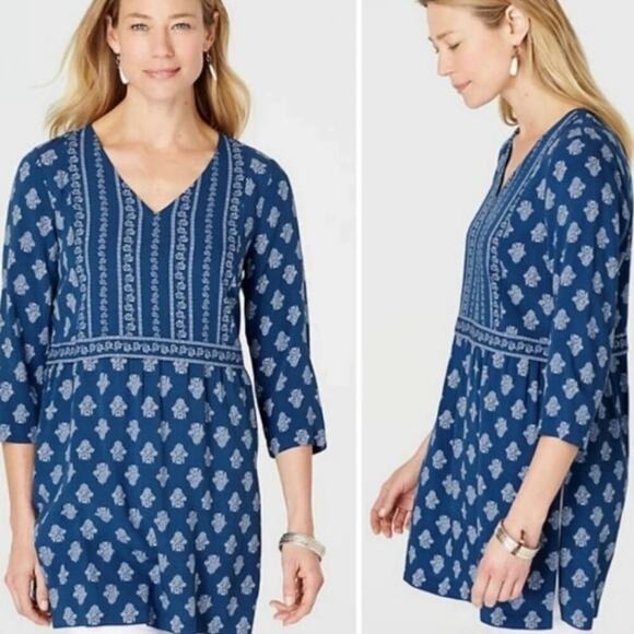 J. Jill Tunic Blouse Women's Size M Blue Floral Mixed Print Bohemian - Picture 1 of 14